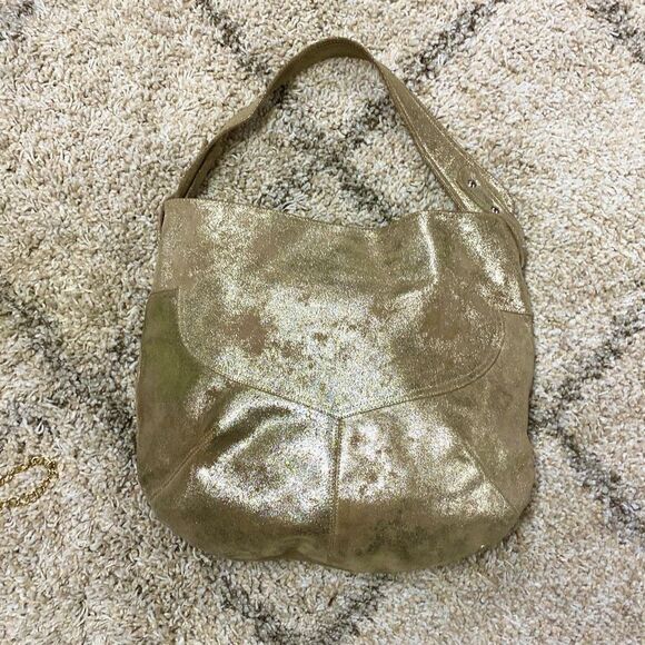 Cofi Genuine Leather Brushed Gold Metallic Hobo Shoulder Bag - Picture 1 of 8